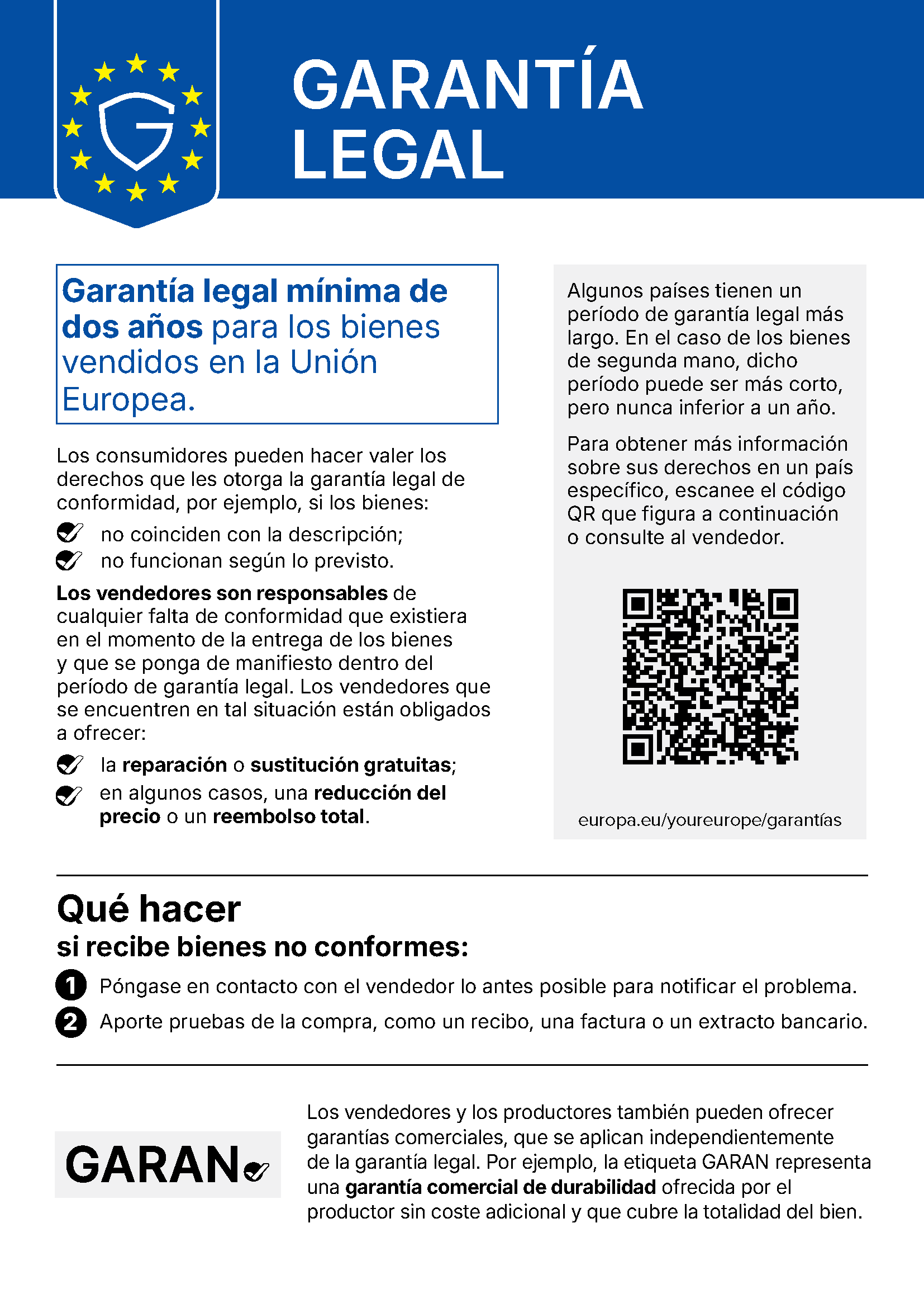 Aviso armonizado de la Unión Europea acerca de la garantía legal de aceptación