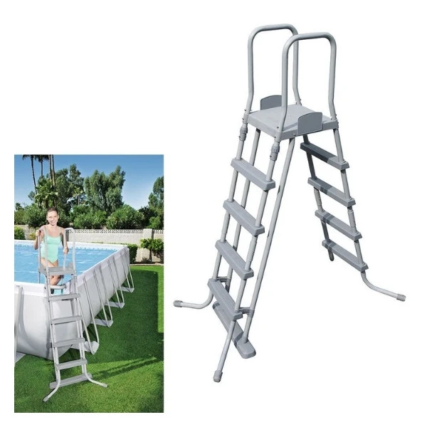 escalera-piscina-132-cms-alto Escalera para piscina de 132 cm de altura, estructura metálica anticorrosión y peldaños de plástico de alta resistencia