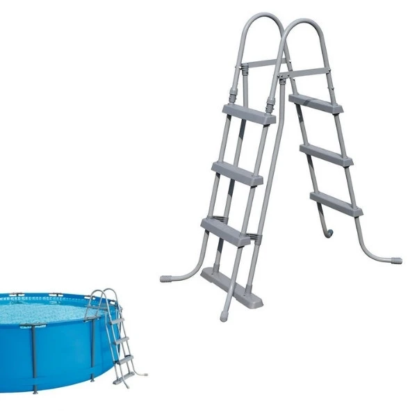 Escalera para piscina de 107 cm de altura, estructura metálica anticorrosión y peldaños plásticos resistentes
