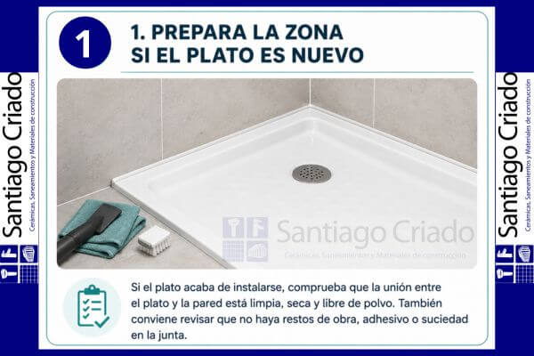 Preparación de la zona antes de sellar un plato de ducha nuevo
