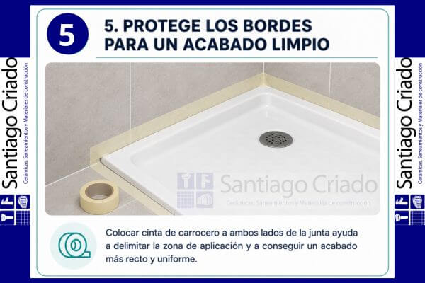 Protección de los bordes con cinta para sellar el plato de ducha con un acabado limpio