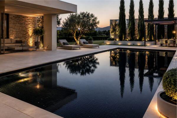 Piscina con azulejos negros.