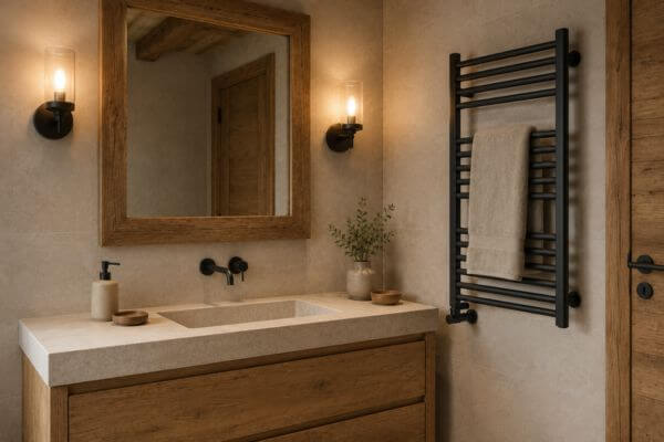 iluminación y accesorios para baños rústicos
