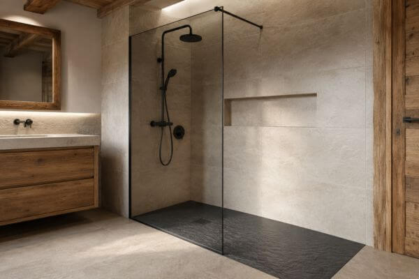 platos de ducha y mampara para baños rústicos